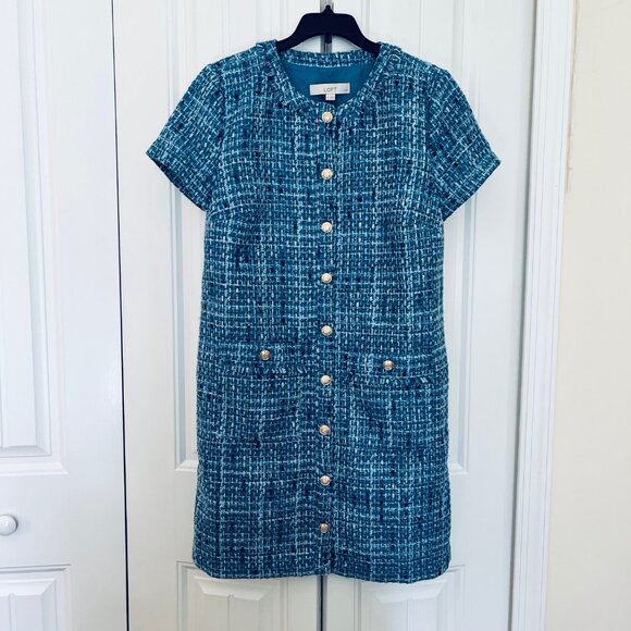 LOFT petite Tweed Mini Pocket Dress in Blue (8P) New with Tag - Picture 3 of 10